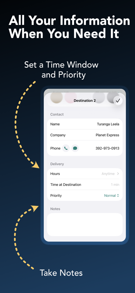 Droppath Route Planner - Interfaz de la aplicación Droppath mostrando información de contacto del destino, ventanas de tiempo de entrega y sección de notas