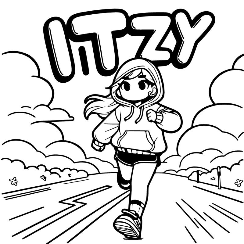 a girl running on a road with a hoodie and shorts and a text in the sky that says itzy