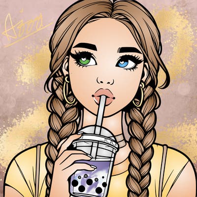 realistic girl with braided hair drinking boba