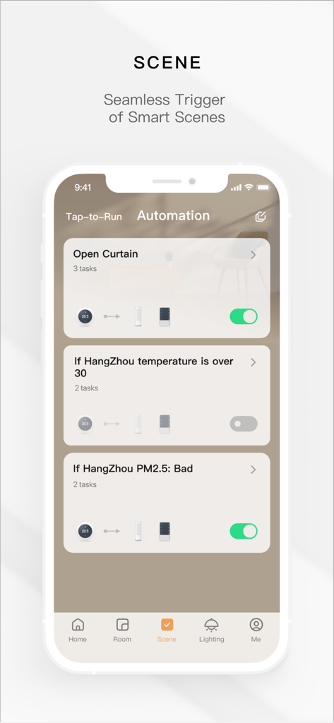 Tuya Home - Captura de pantalla de la interfaz de la aplicación Tuya Home mostrando escenas inteligentes automatizadas y disparadores de dispositivos