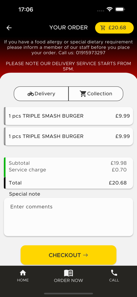 Spice Hut Sunderland - Checkout screen of the Spice Hut Sunderland mobile app showing an order for two triple smash burgers and a total price