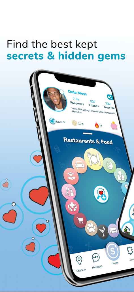 Un smartphone affichant l'interface de l'application Sircles avec un profil utilisateur et un menu circulaire pour découvrir les restaurants et la nourriture locaux.