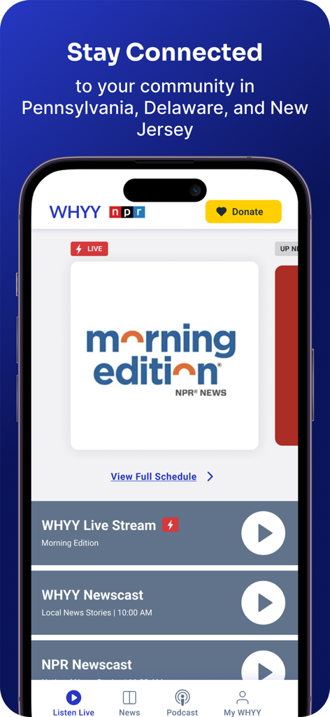 The WHYY Listen app home screen featuring the Morning Edition live radio stream and local newscast options