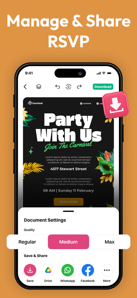 Invitation Maker- Invites RSVP - A smartphone screen showing an invitation design with export quality settings and sharing options for WhatsApp and Facebook