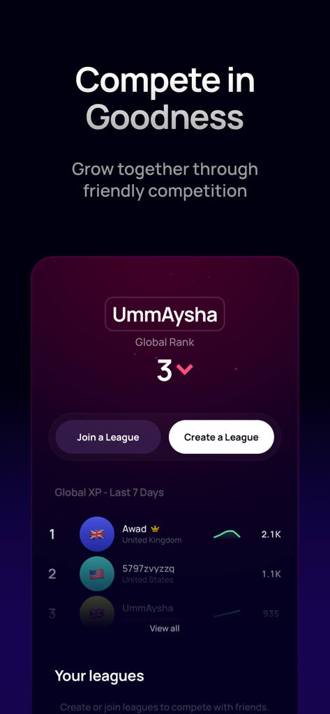 Nextayah app leaderboard showing global ranking and league competition for Quran recitation