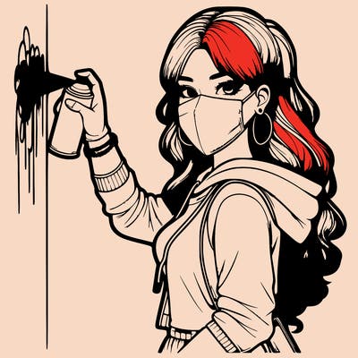 realistic girl with mask spray painting a wall