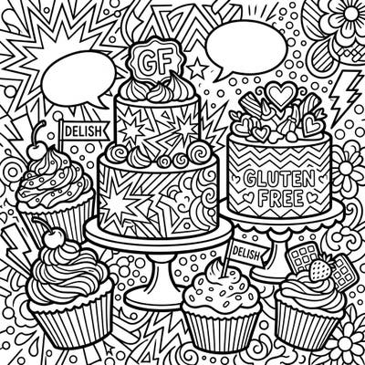 Dive into a world of deliciousness with this vibrant Pop Art coloring page featuring an array of tempting gluten-free cakes and cupcakes. Unleash your creativity as you bring these bold designs to life with your favorite colors.