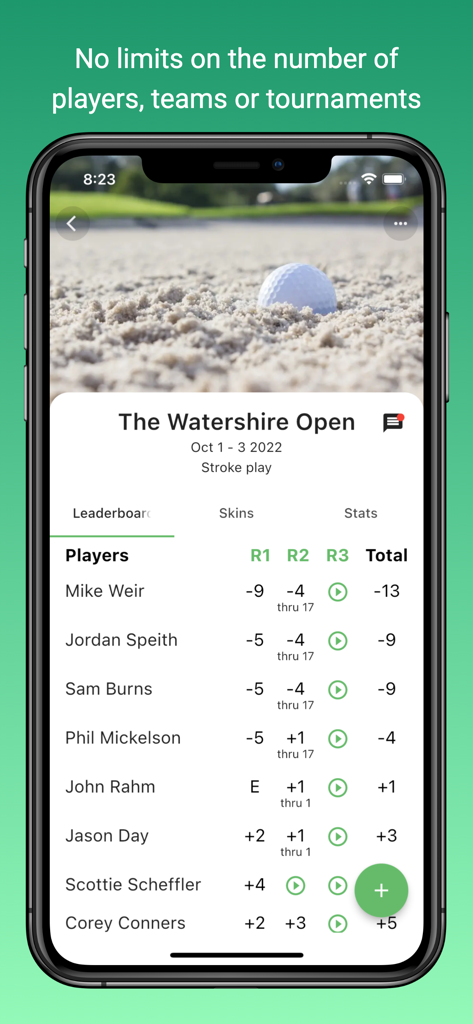 Squabbit - Golf Tournament App - A mobile screen showing a real-time golf tournament leaderboard for The Watershire Open on the Squabbit app.