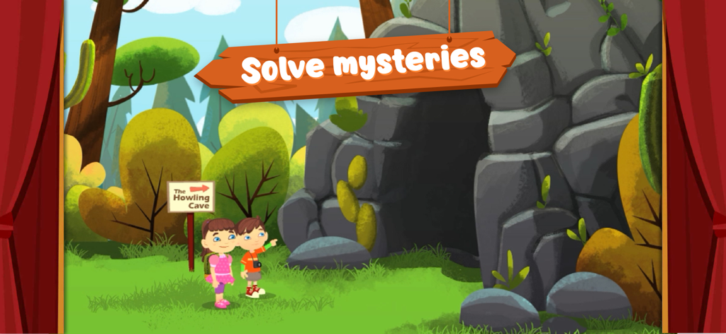 Zac and Zoey standing outside the Howling Cave to solve mysteries.