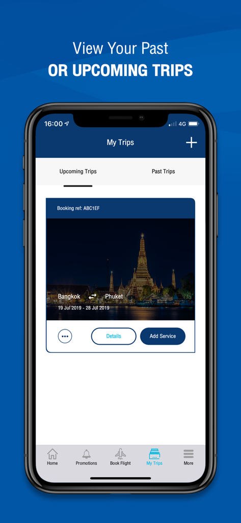 バンコクからプーケットへの今後のフライト旅程が表示された「マイ・トリップ」セクションを表示するバンコクエアウェイズモバイルアプリのインターフェース