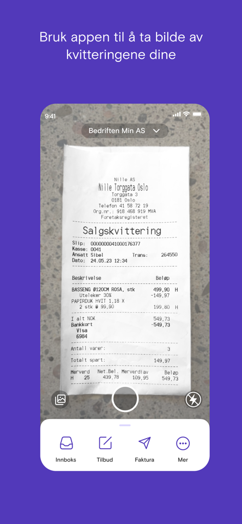 Fiken - Fiken mobile app interface showing a receipt being scanned with a smartphone camera for expense tracking