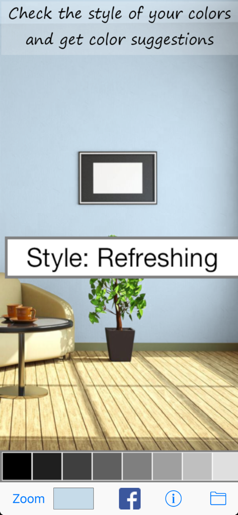 A room interior in the app showing a light blue wall with a text overlay indicating a refreshing style