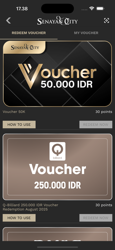 Senayan City - Senayan City app screen displaying digital shopping and billiard vouchers available for points redemption