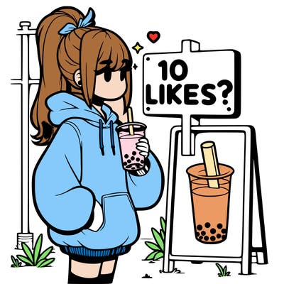 girl with oversized hoodie drinking boba and she has a high ponytail with a sign that says 10likes?
