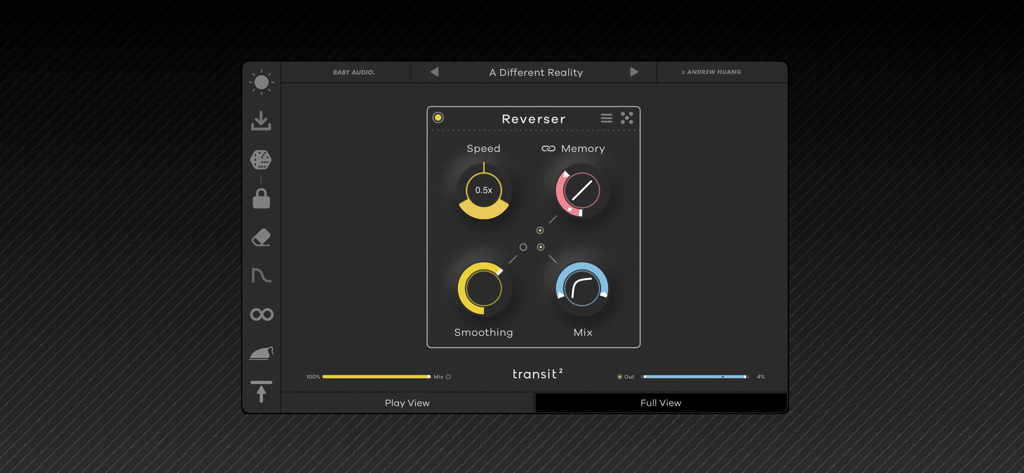 Interface of the Transit 2 app featuring the Reverser effect module with adjustable speed and mix controls.
