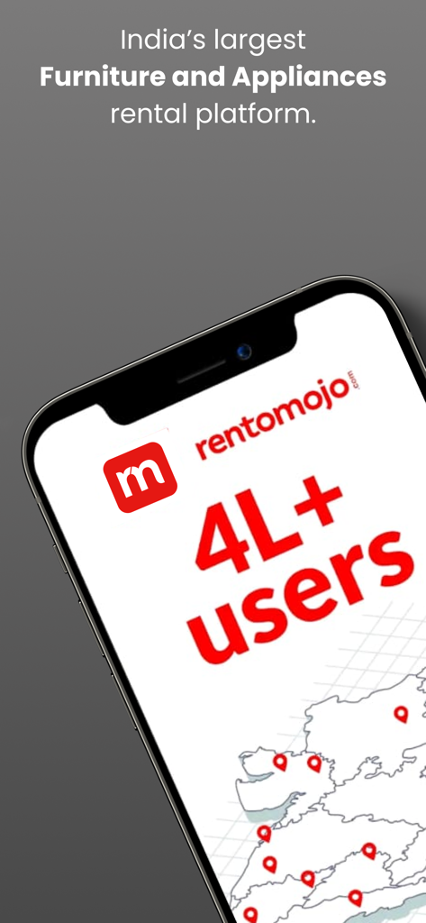 Rentomojoがインド最大の家具・家電レンタルプラットフォームであり、40万人以上のユーザーがいることを示すモバイル画面
