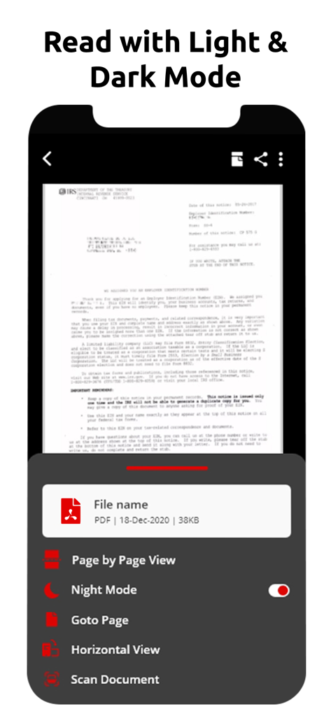 iPhoneでナイトモードが有効になっているドキュメントを表示するPDFリーダーアプリのインターフェース。
