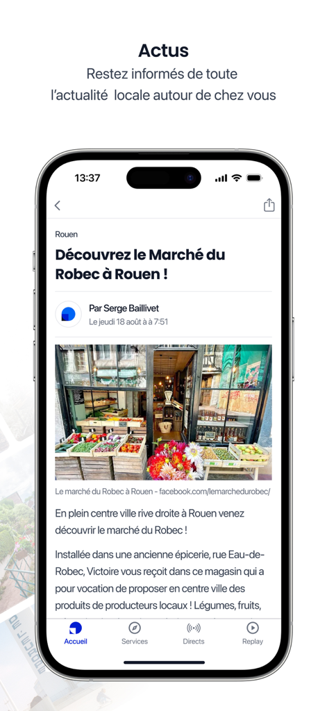 Smartphone screen showing a local news article about a market in Rouen on the ici app