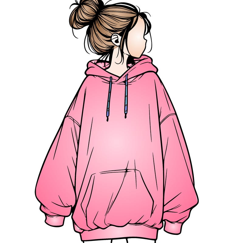 realistic girl with a oversized sweatshirt on and a bun