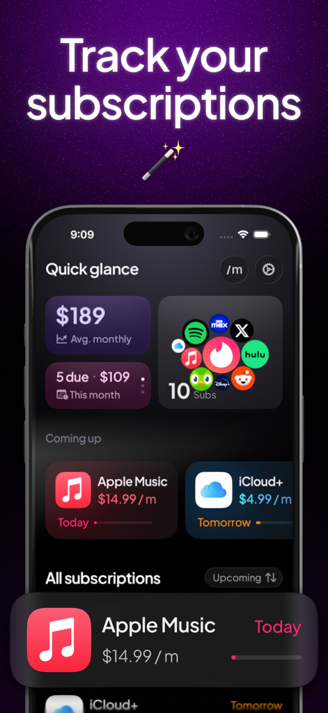 iPhone interface of Subby app displaying monthly subscription costs and renewal reminders for services like Apple Music and iCloud