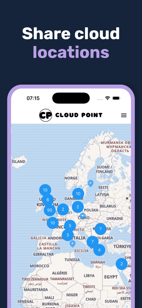 Cloud Point: Cloud Identifier - Map view in the Cloud Point app showing community shared cloud sightings across Europe