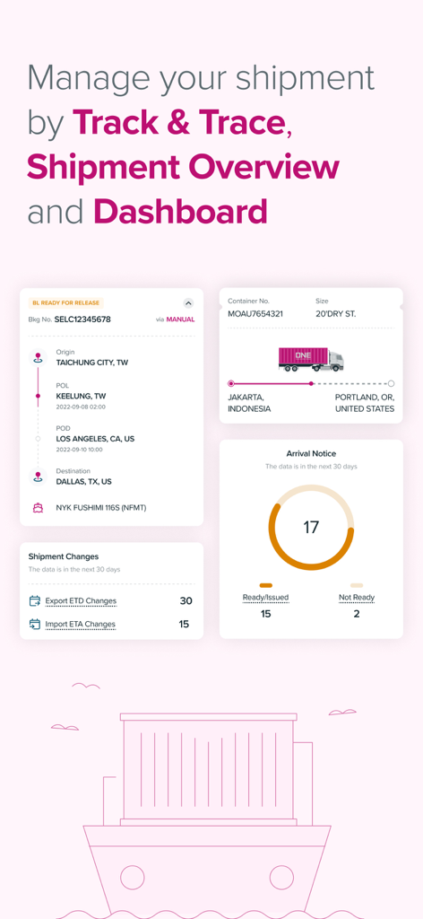 Mobile dashboard of the Ocean Network Express app displaying shipment tracking data and arrival notices.