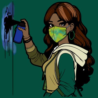 realistic girl with mask spray painting a wall