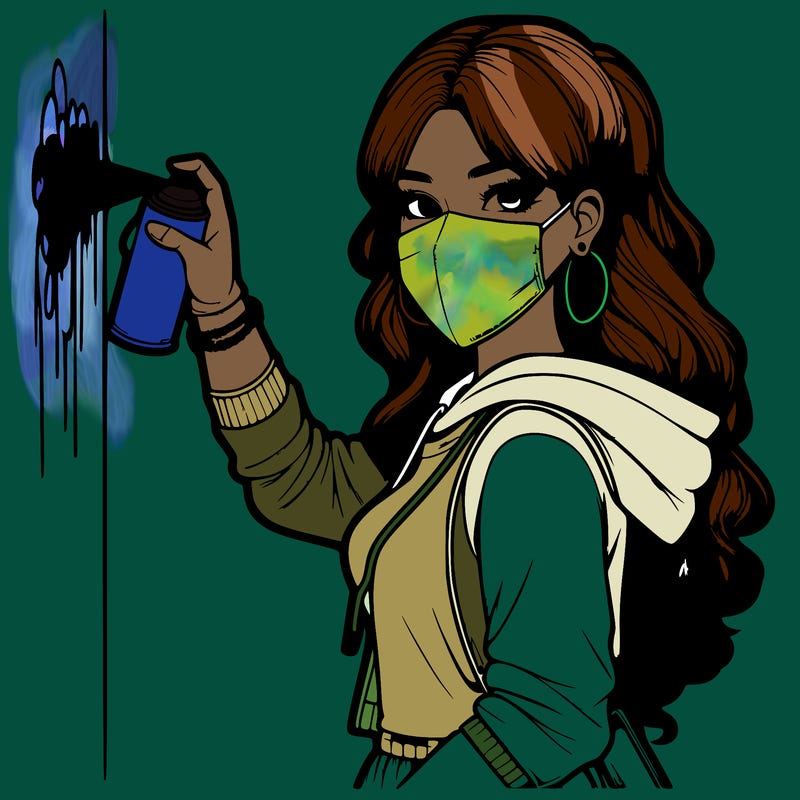 realistic girl with mask spray painting a wall