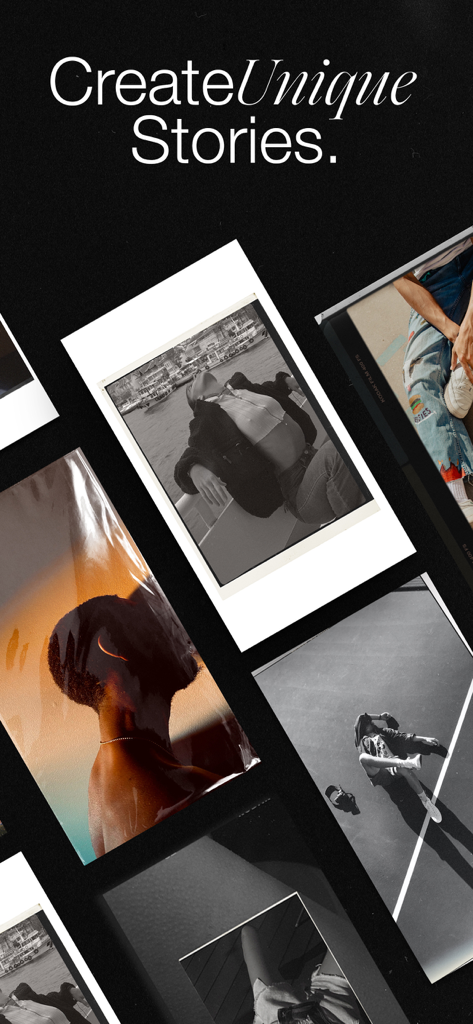 Most: Aesthetic Story Editor - Uma colagem de templates criativos de stories para redes sociais com o texto Crie Stories Únicos