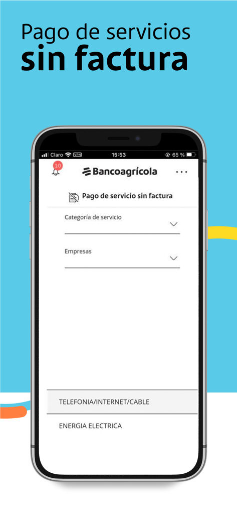 Bancoagrícola - Tela do aplicativo móvel Bancoagrícola para pagamento de contas de serviços públicos sem uma fatura física