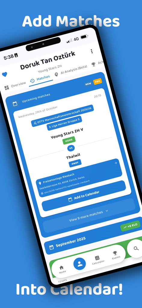 Table tennis app screen for adding upcoming matches to a digital calendar