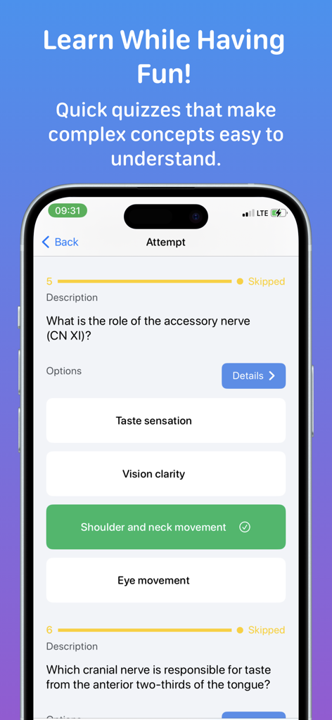 Neurology - Screenshot of a neurology quiz app displaying a multiple choice question about the role of the accessory nerve with the correct answer highlighted.