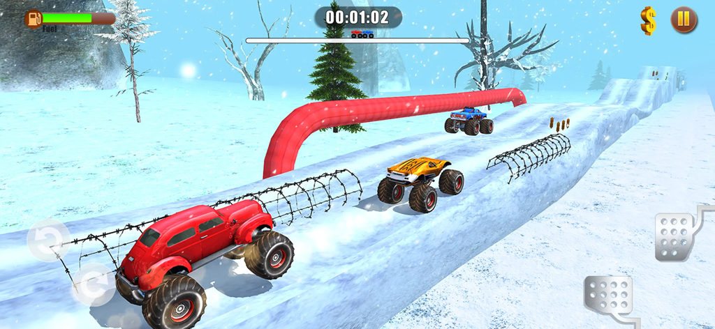 Monster trucks racing on a snowy mountain track with obstacles
