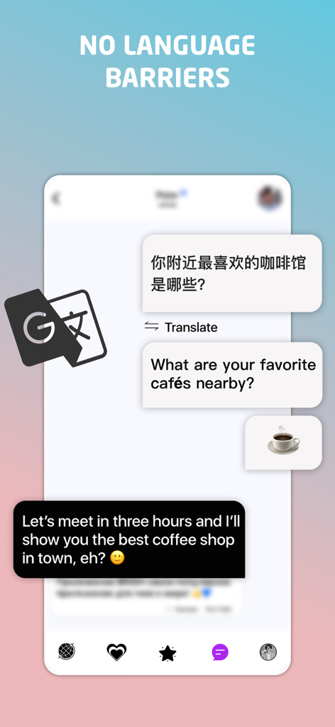 TRANSLOVE - Transgender Dating - Interface de chat de l'application Translove avec un outil de traduction automatique pour les rencontres LGBTQ mondiales