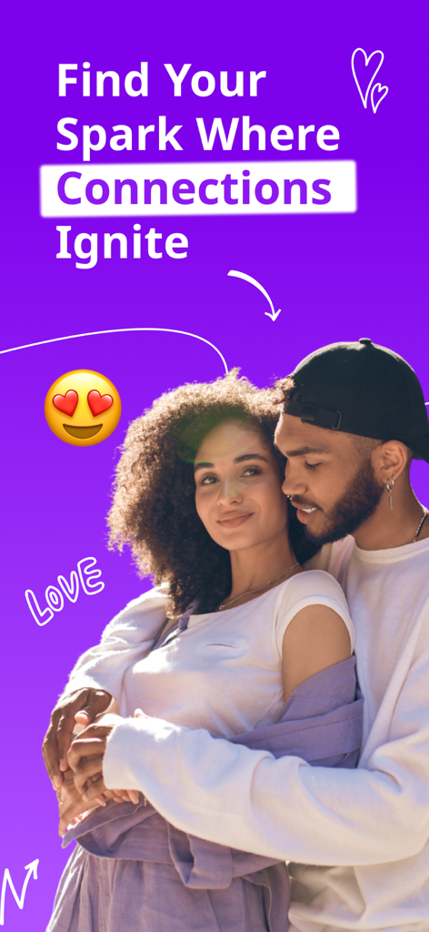 A romantic couple embracing on a purple background with text that says Find Your Spark Where Connections Ignite