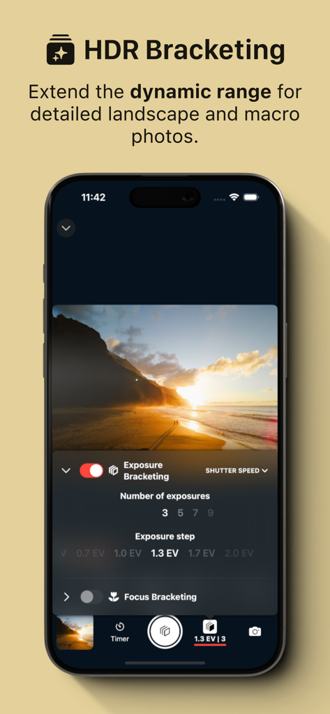 iPhone displaying the HDR Bracketing feature of the Shutter Canon Remote app for a sunset landscape photo