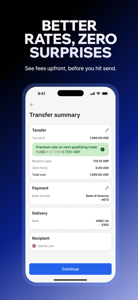 Xe Send Money & Currency - Tela do aplicativo Xe exibindo um resumo de transferência com taxas transparentes e taxas de câmbio para envio de dinheiro internacionalmente.