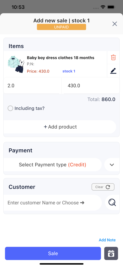 Yene Stock - Manage Inventory - Yene Stock mobile app interface for adding a new sale showing product details and credit payment options.