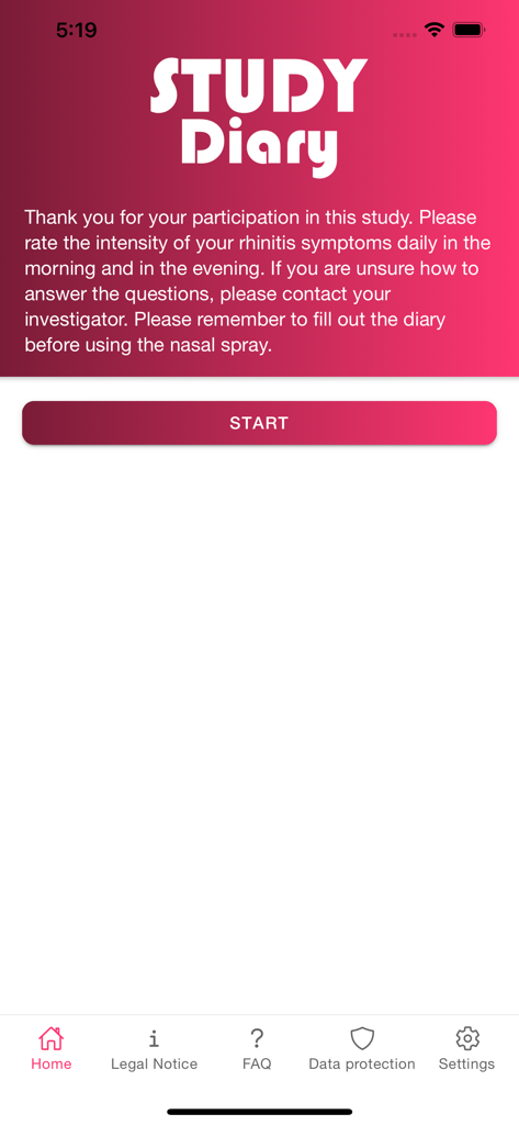 CCC STUDY Diary - CCC STUDY Diaryアプリのホーム画面。鼻炎症状の追跡方法と開始ボタンが表示されています。
