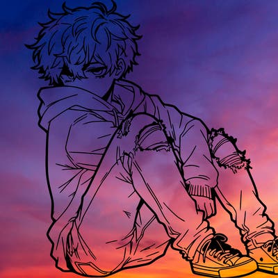 a male hoddie ripped jeans messy hair anime