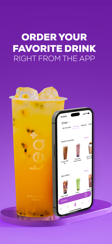 Tea Plus - Smartphone mostrando el menú de la app Tea Plus junto a una bebida de bubble tea de maracuyá sobre un fondo morado.