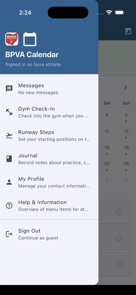 The side navigation menu of the BPVA Calendar app for athletes showing training tools like Runway Steps and Gym Check-in.