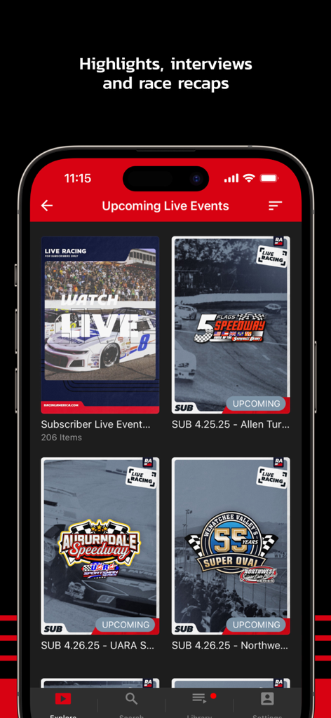 RacingAmerica.tv - RacingAmerica.tv mobile app screen showing upcoming live racing events from local speedways.