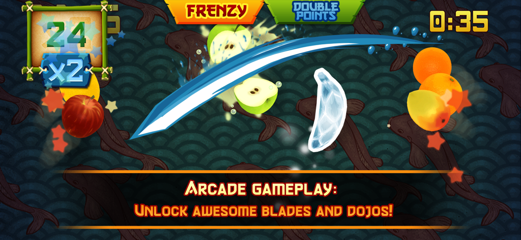 Fruit Ninja Classic - Fruit Ninja Classic arcade mode gameplay with a blue blade slicing fruit and power ups active