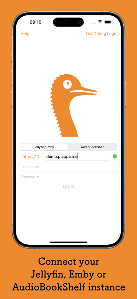 plappa - Schermata di accesso dell'app plappa che mostra i campi di connessione per i server Jellyfin, Emby o AudioBookShelf
