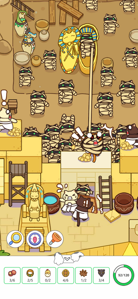 Cartoon hidden object game featuring cats in an ancient Egyptian tomb scene