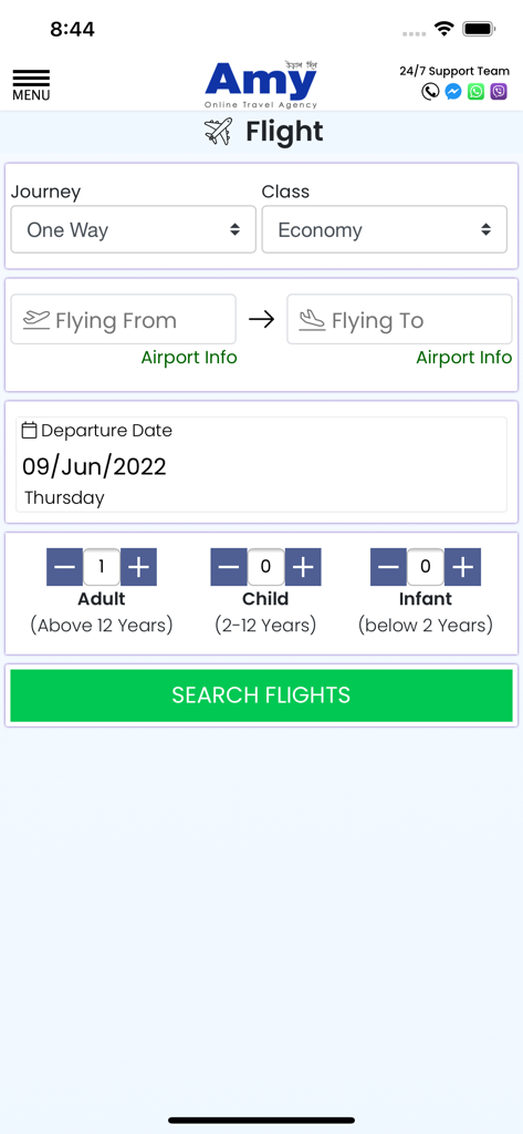 Écran de recherche de vols de l'application de voyage Amy BD présentant les options de type de voyage, de classe et de sélection de passagers avec un bouton de recherche de vols.