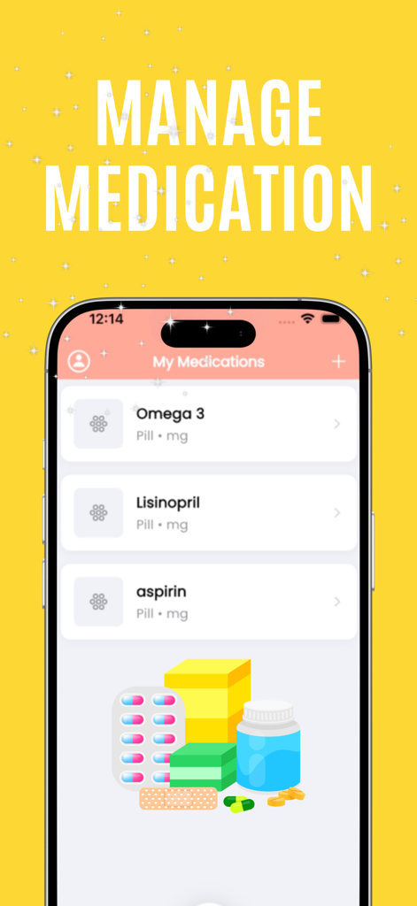 Blood pressure app Free of-ads - Mobile app screen for managing medications with a list of pills like Omega 3 and Lisinopril