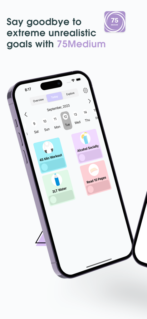 75 Medium Challenge: 75 Days - Smartphone screen showing the 75 Medium Challenge app dashboard with daily goal cards for workout water intake and reading