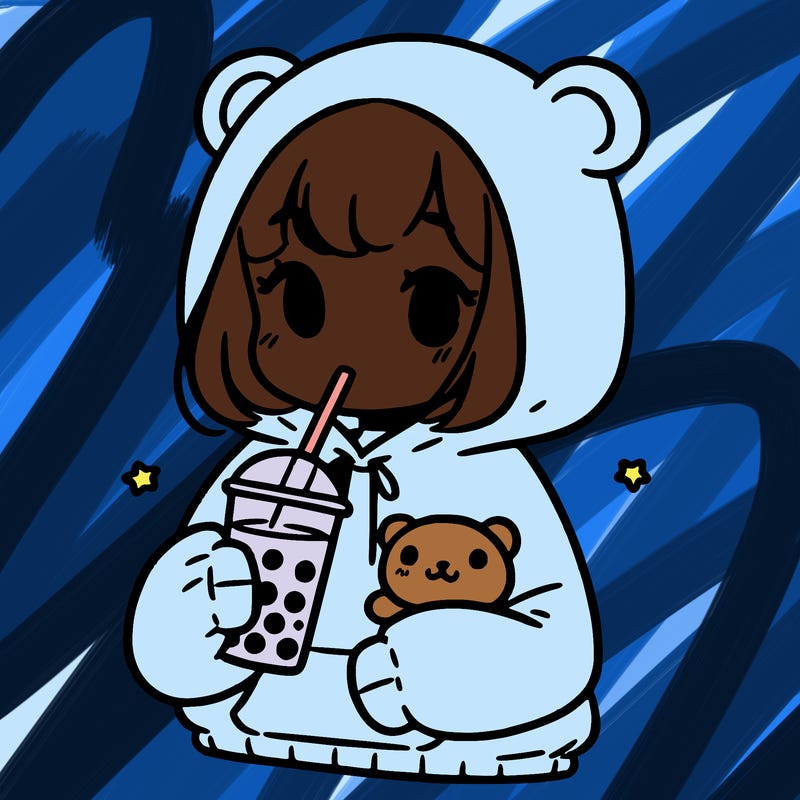simple cute girl wearing oversized hoodie that has a teddy bear on it drinking boba